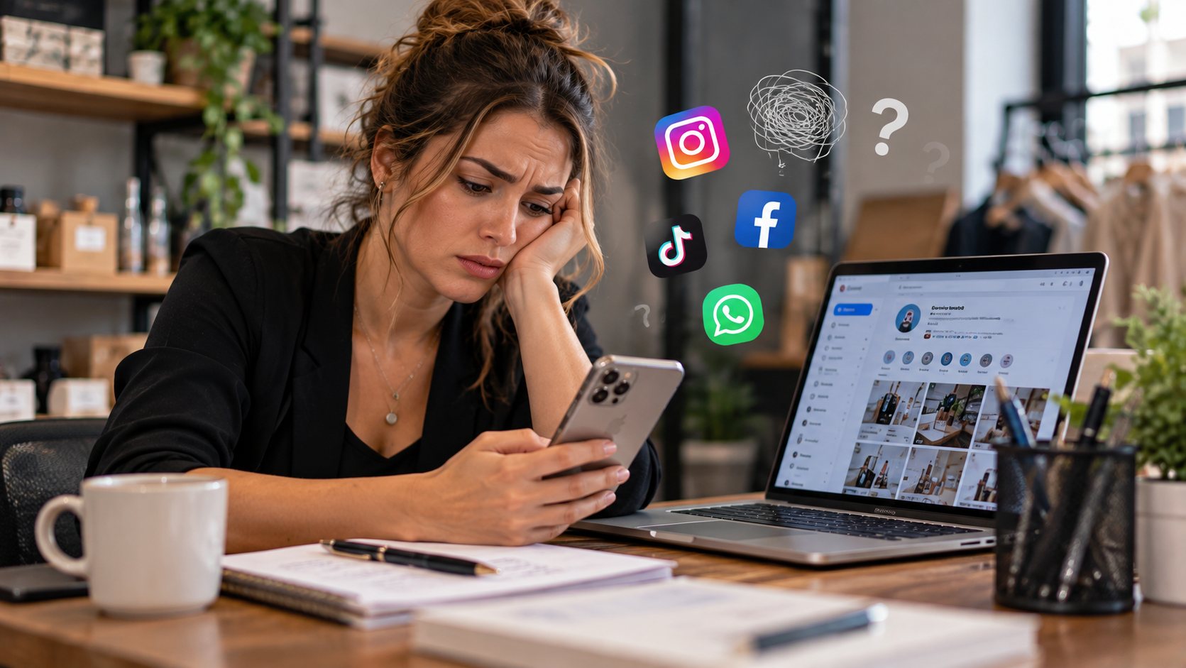 Dona de pequeno negócio olhando o celular, preocupada, sem saber como configurar Instagram, Facebook, TikTok e WhatsApp