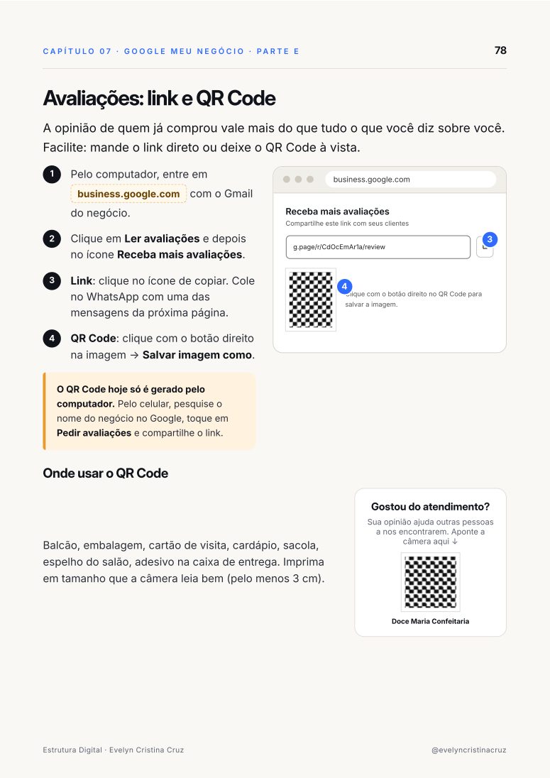 Página do manual: link e QR Code de avaliações do Google
